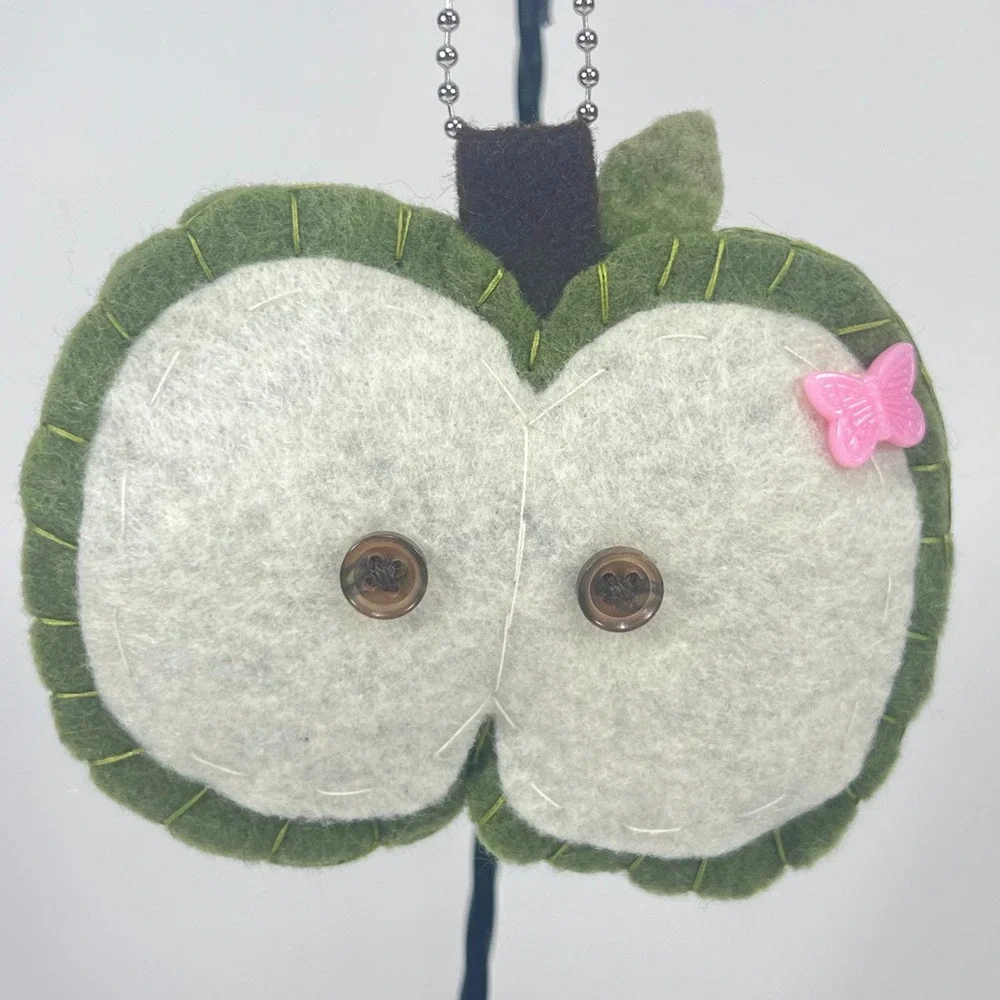 Handmade Felt Green Apple Keychain Cottagecore Plush Bag Charm Button Detail